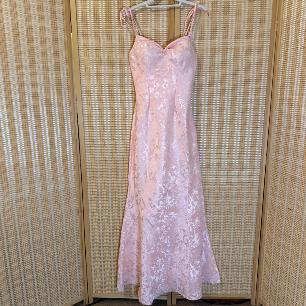 Pink Floral Jacquard Lace Up Back Formal Gown Maxi Dress Sweetheart Neck Party
